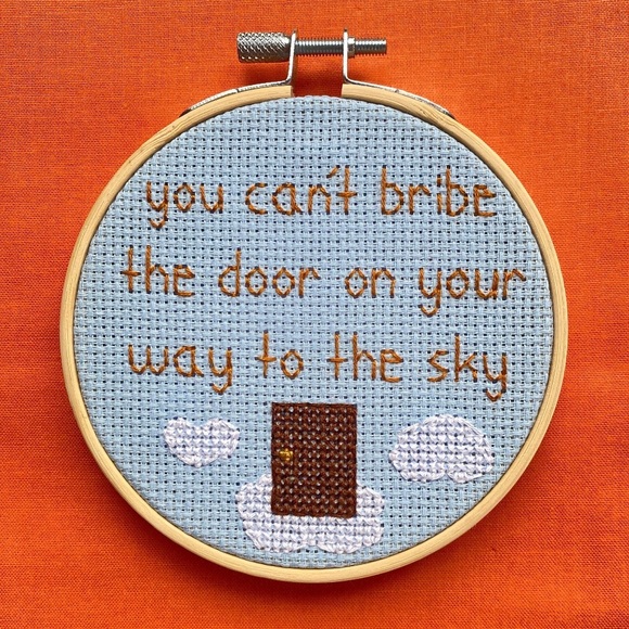 Harry Styles Sign of the Times Bribe the Door 4-inch Wooden-Framed Cross Stitch - Picture 1 of 5